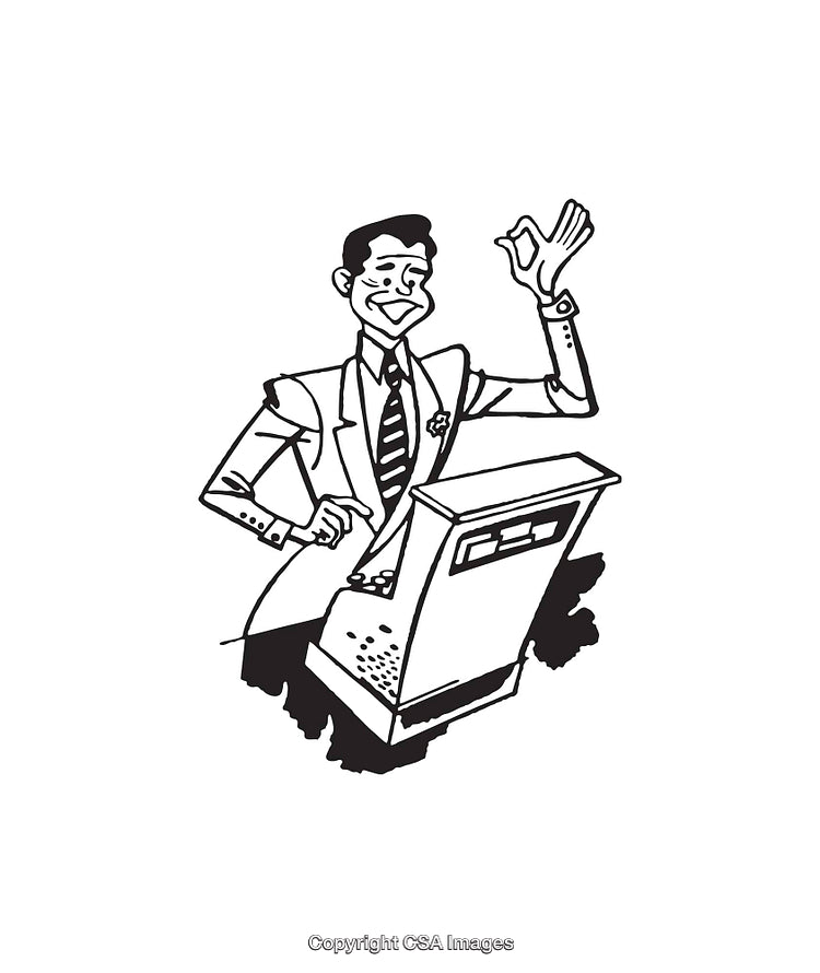 Businessman Performing Gestures with Cash Register in Black and White Art