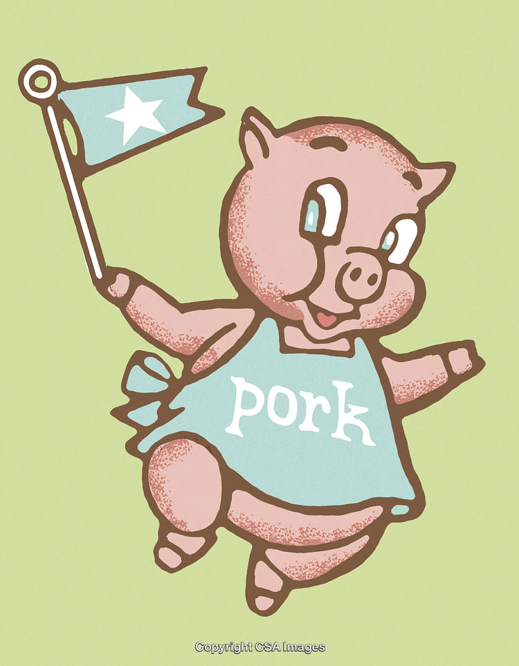Whimsical Cartoon Pig Illustration Holding a Flag Promoting Pork