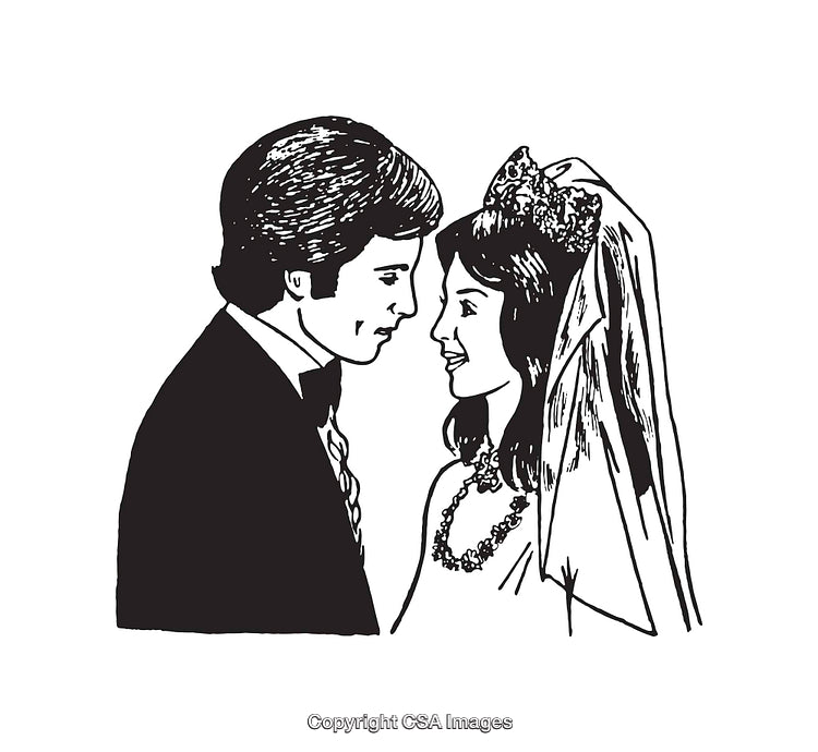 Black and White Line Art of a Wedding Couple in Formal Attire