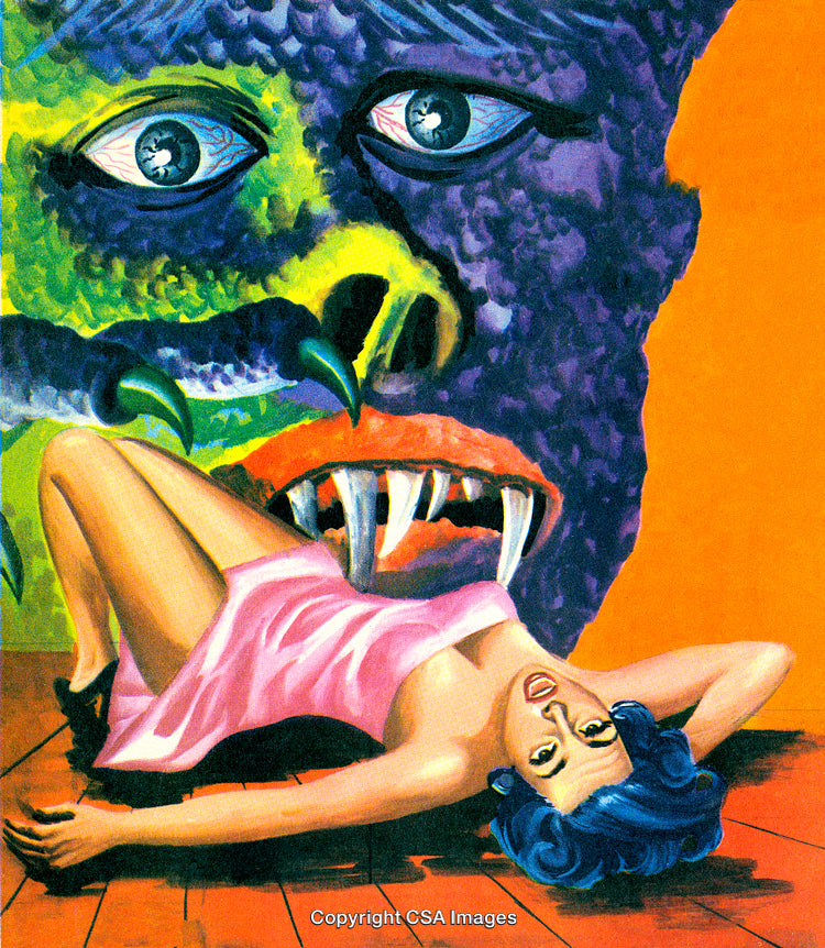 Surreal Illustration Featuring Monster and Reclining Woman in Pink Dress