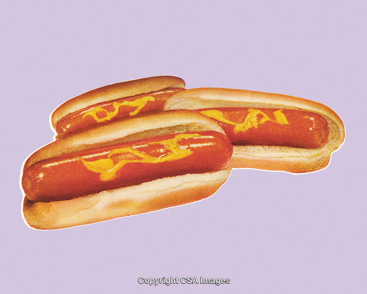 Two Hot Dogs with Mustard against a Pastel Purple Background