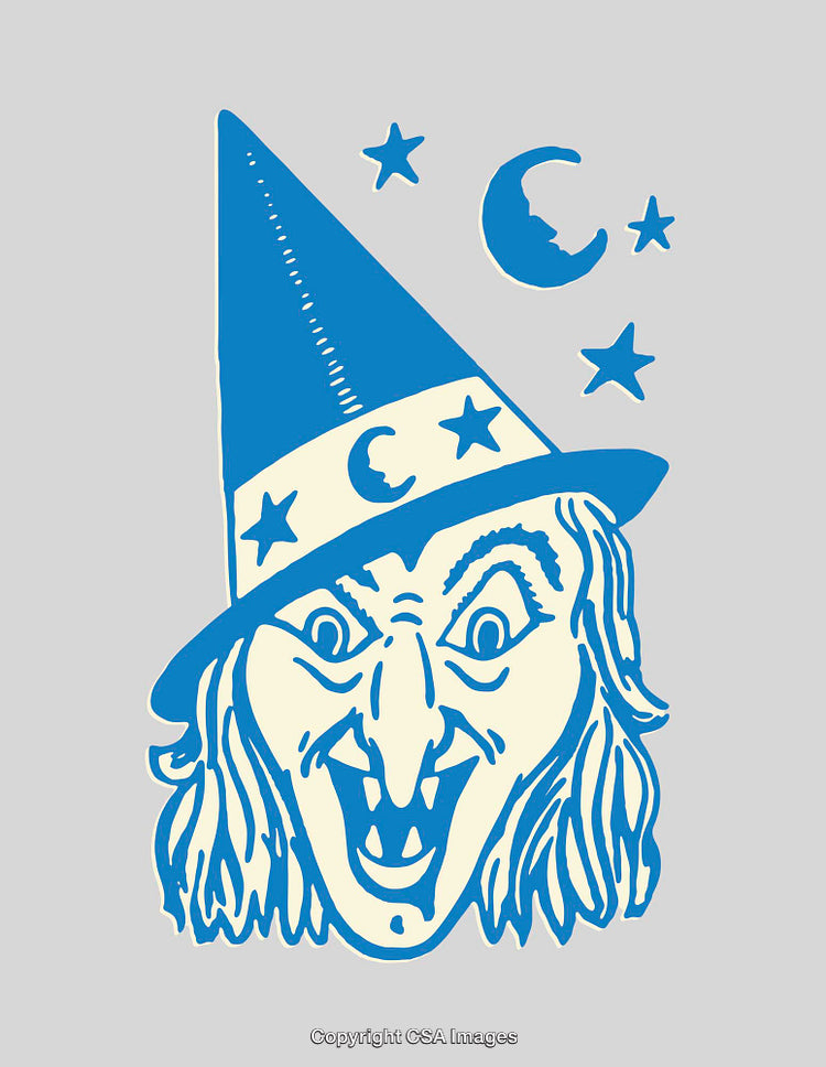 Cartoon Witch Illustration with Starry Hat and Crescent Moon Design