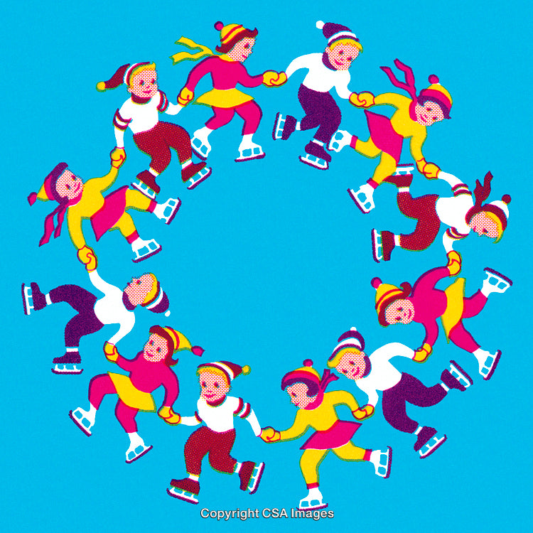Children Ice Skating Together in a Whimsical Hand-Drawn Circular Formation