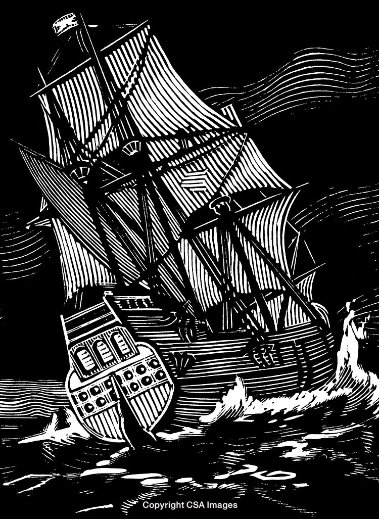 Historic Sailing Ship Engraving With Waves and Intricate Details