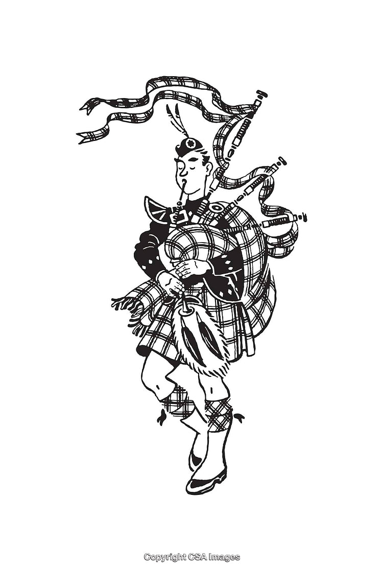 Black and White Line Art of a Bagpiper in Traditional Scottish Attire