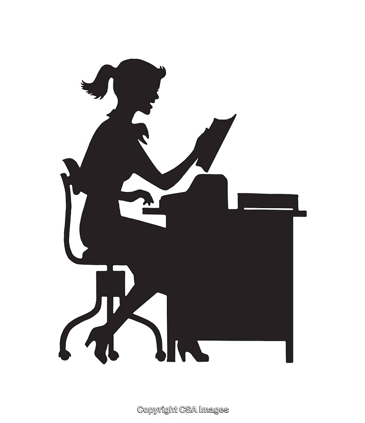 Black And White Silhouette of a Woman at Desk Reading Paperwork