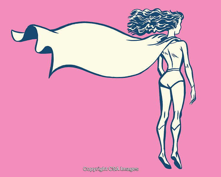 Powerful Female Hero Depicted in Stylish Line Art Illustration on Pink Background