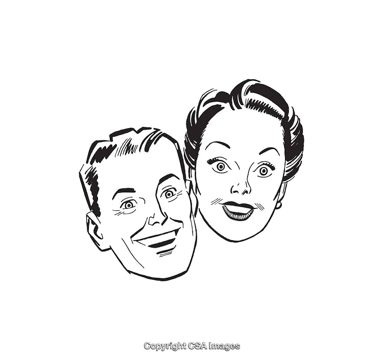 Vintage Line Art Illustration of Cheerful Male and Female Faces