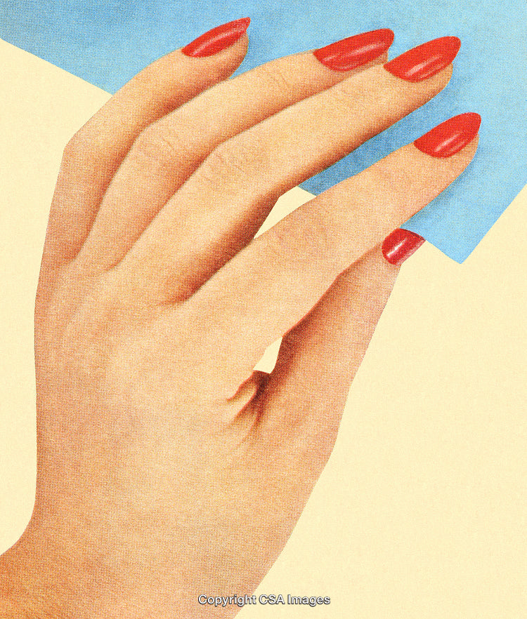 Close-Up of Hand With Red Nails on Blue and Cream Background