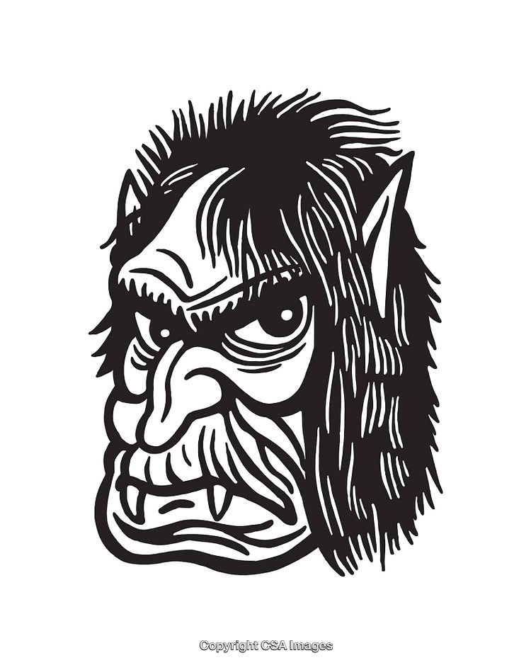 Black and White Illustration of a Fierce Troll Face with Sharp Features