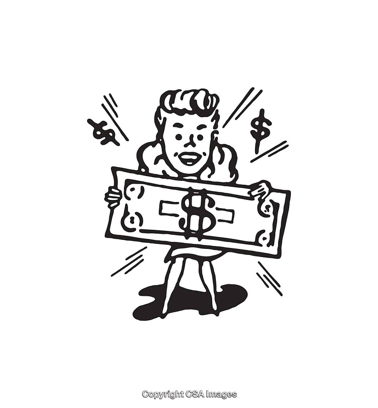 Retro Style Black and White Line Art of Dollar Excitement
