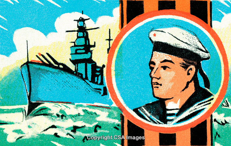 Nautical Artwork Featuring Sailor and Ship in Vibrant Vintage Style