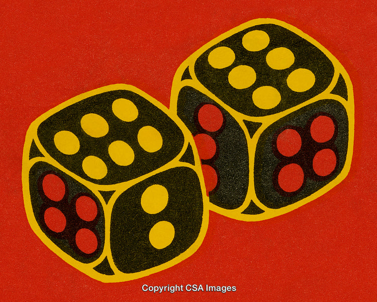 Colorful Dice Illustration on Bold Red Background Representing Strategy and Chance