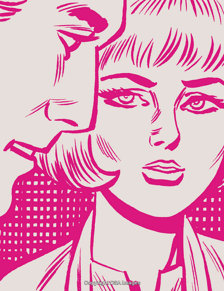 Pink Retro Illustration of Two Characters with Expressive Facial Features
