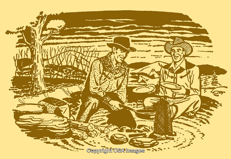 Retro Illustration of Two Cowboys Enjoying a Campfire Meal Against a Scenic Background