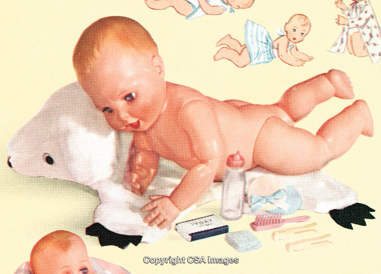 Vintage Illustration of Baby Doll With Accessories and Toys