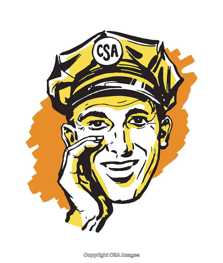 Retro Illustration of Smiling Man Wearing a Uniform Cap with CSA Emblem