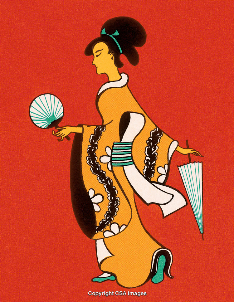 Stylized Illustration of Woman in Traditional Attire Holding Fan and Umbrella