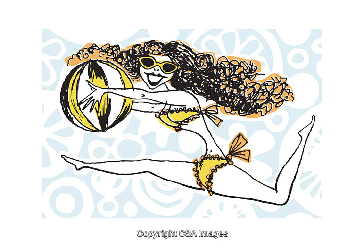 Playful Beach Illustration of a Woman in Sunglasses with a Beach Ball