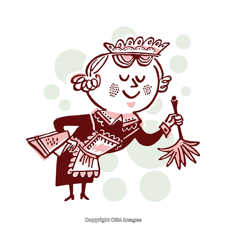 Vintage Illustration of a Cheerful Maid Holding a Feather Duster