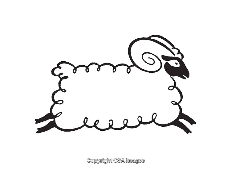 Black and White Line Art of a Sheep With Curled Horns