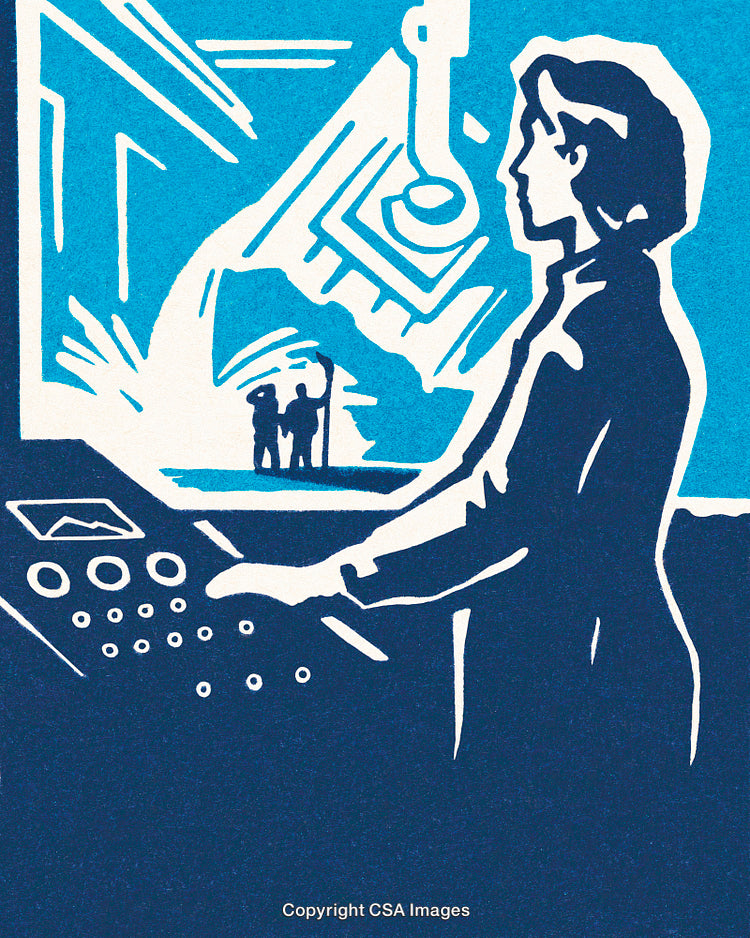 Stylized Illustration of Woman Operating Control Panel Amid Futuristic Setting