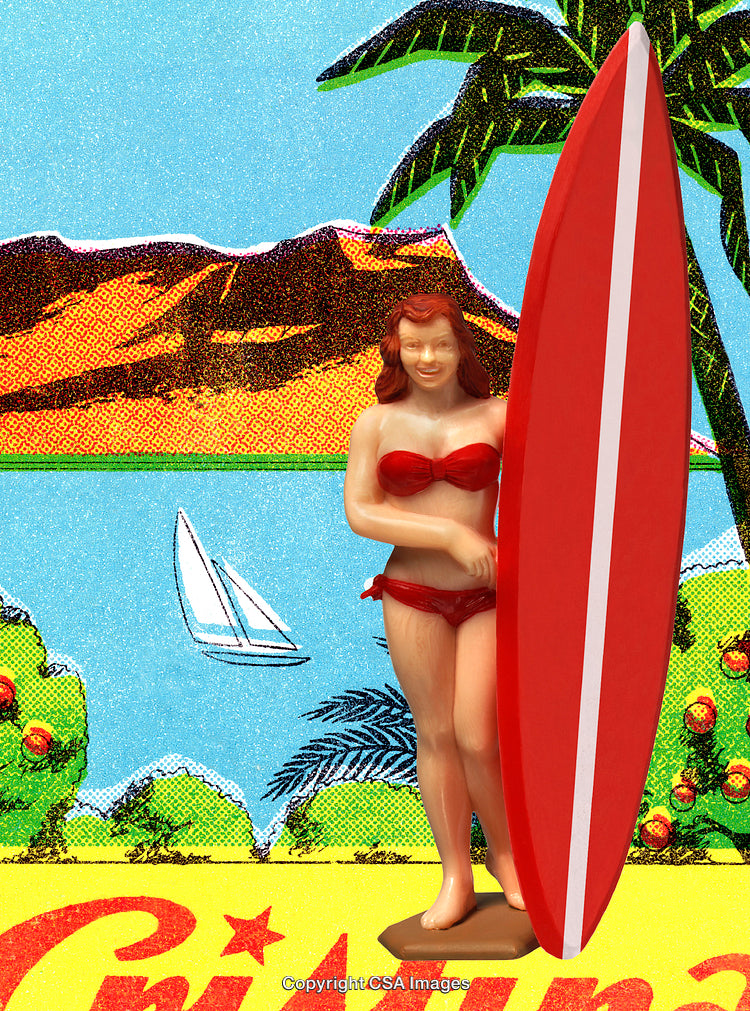 Retro Toy Surfer with Red Surfboard and Tropical Background
