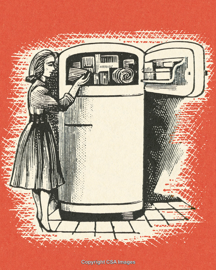 Vintage Illustration of a Woman Using a Classic Refrigerator on Retro Background