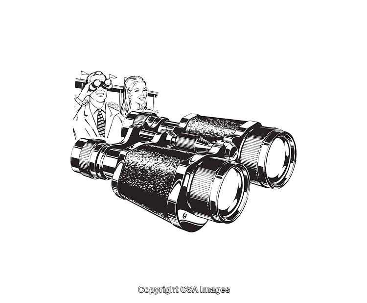 Black and White Illustration of Binoculars and Observing Individuals