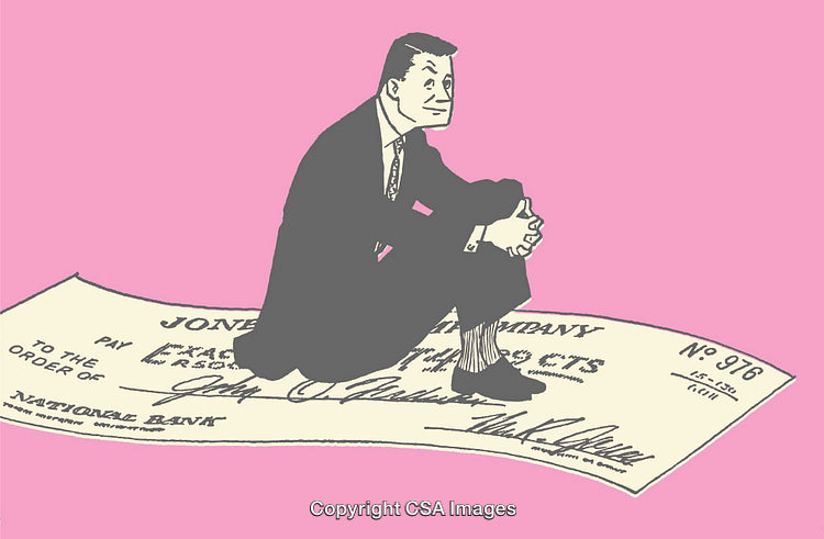 Illustration of Businessman Sitting on Oversized Check in Pink Background