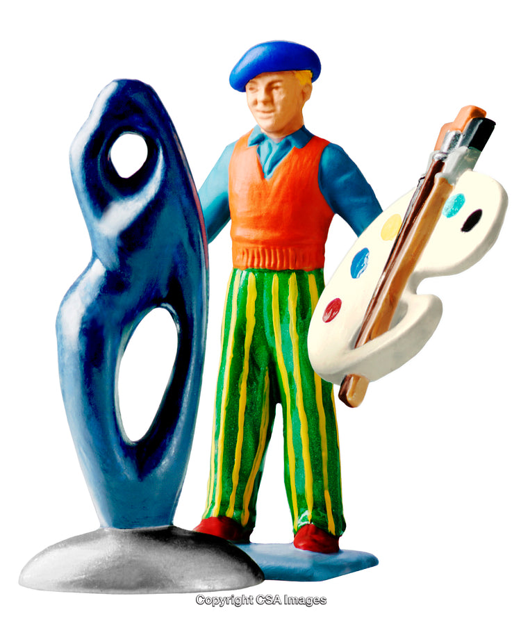 Colorful Artist Figurine with Palette Standing Beside Modern Blue Sculpture