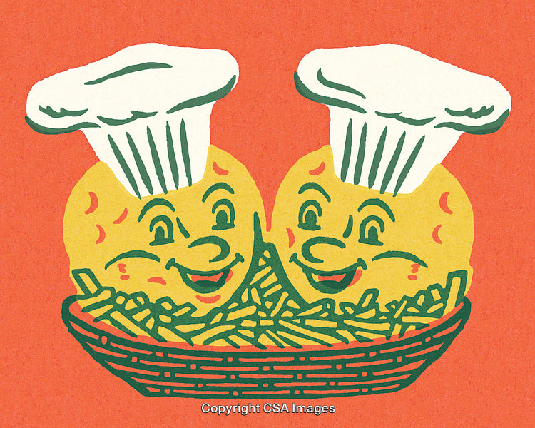Illustrated Smiling Chef Potatoes in Basket on Vibrant Background