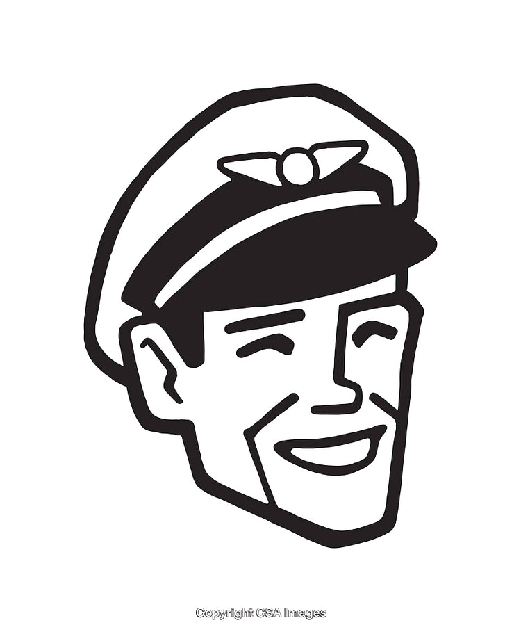 Black and White Line Art Illustration of a Smiling Pilot Character