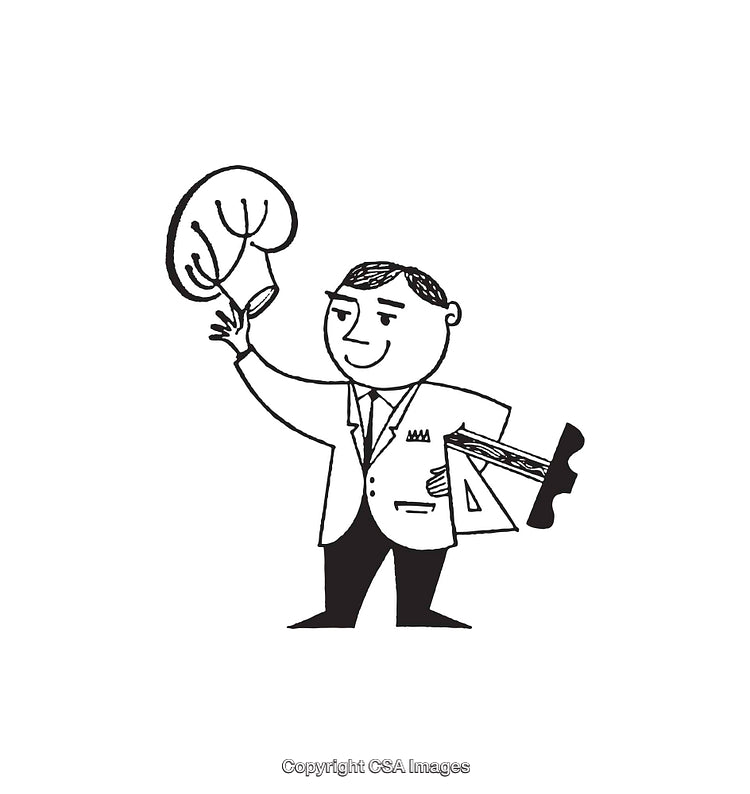 Retro Style Black and White Cartoon of a Smiling Man Holding a Lightbulb