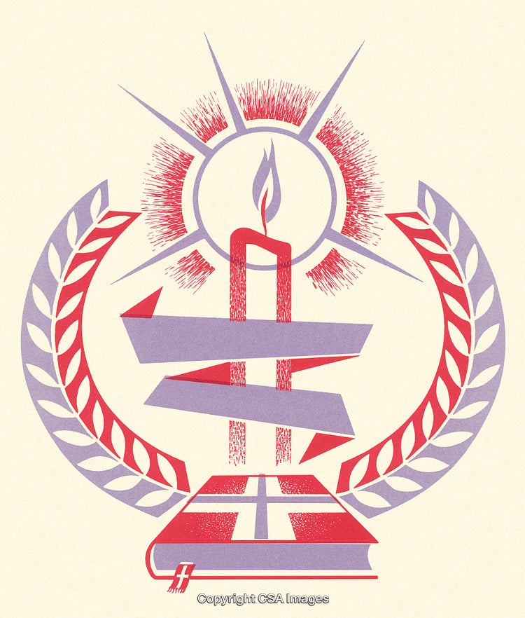 Abstract Symbolic Illustration Featuring Candle, Book, and Laurel Wreath