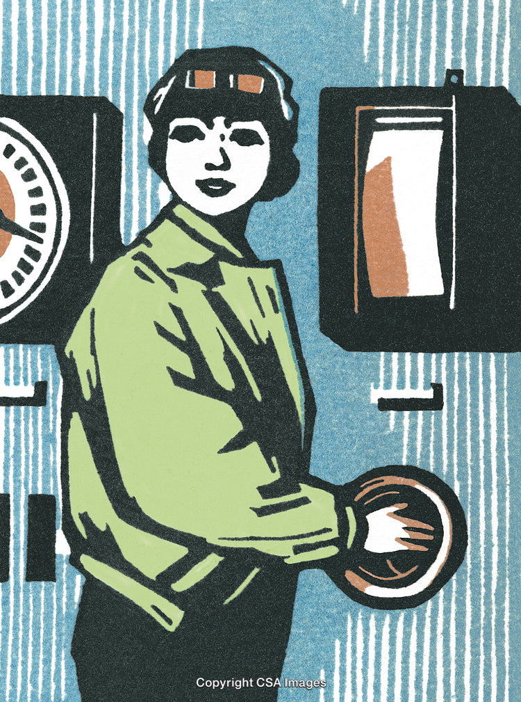 Retro Art Depiction of a Woman Operating Industrial Machinery