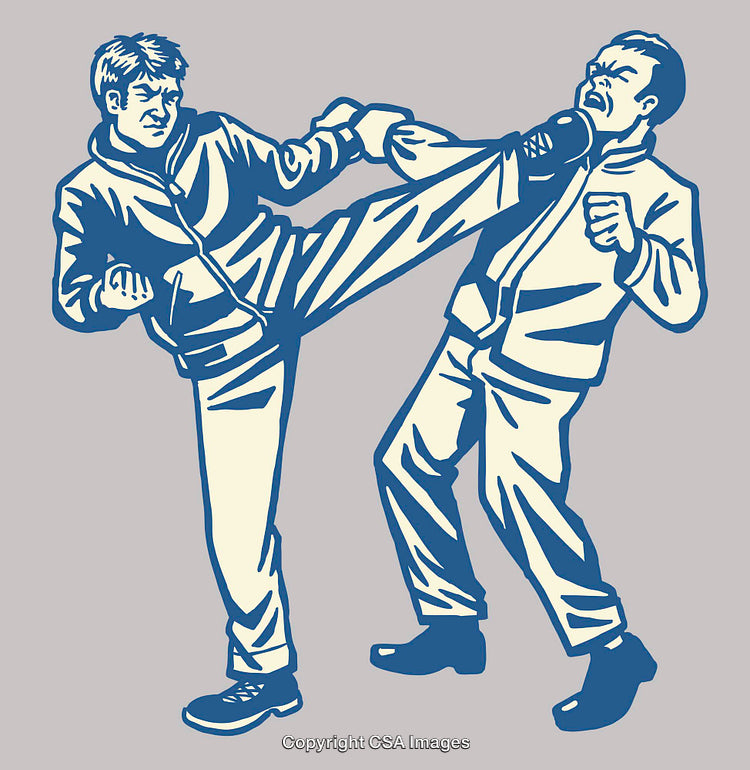 Male Martial Artists Fighting in Vintage Color Line Art Illustration Style