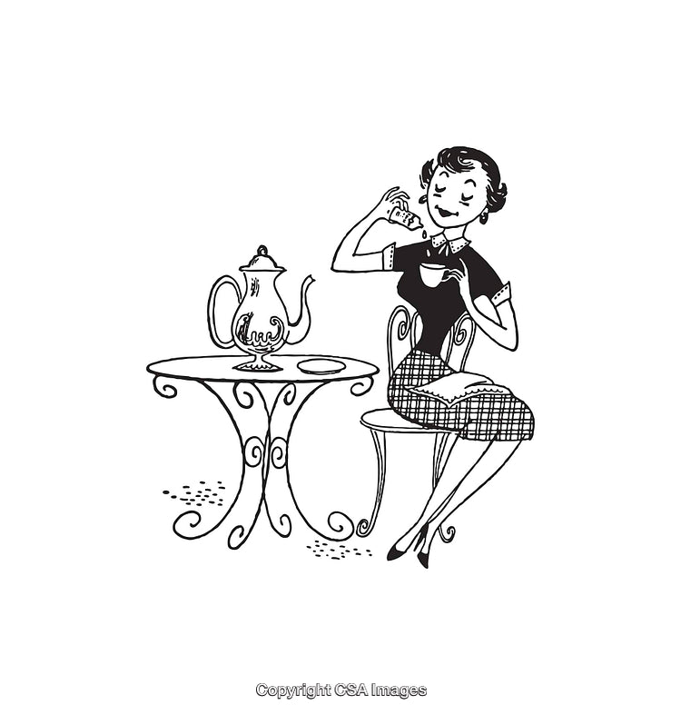 Vintage Line Art of Lady at Table Enjoying Tea Time