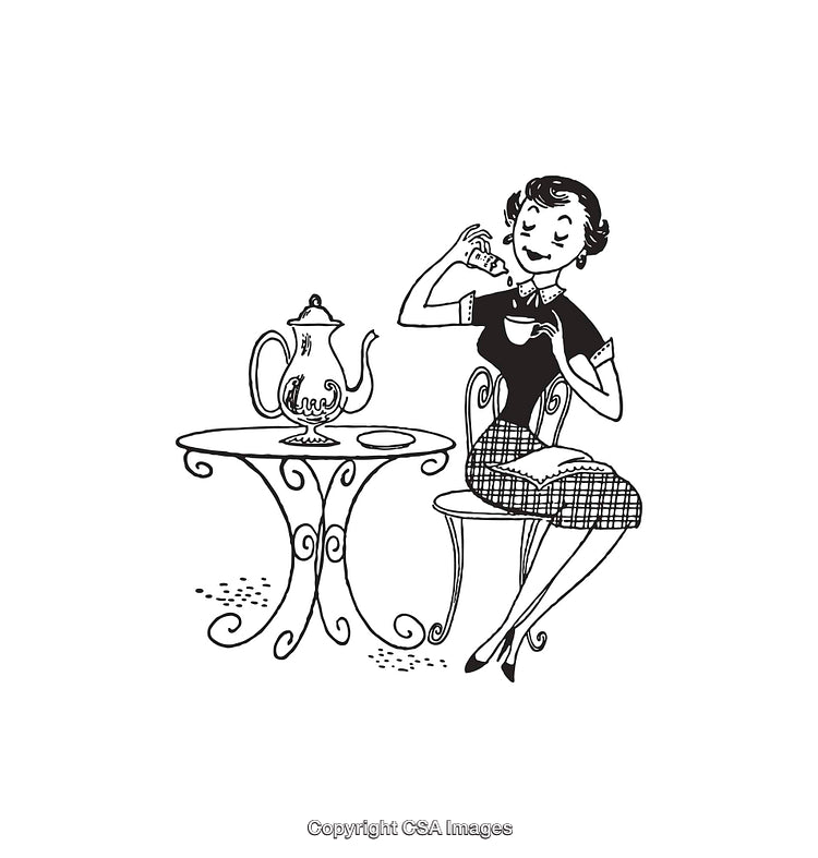 Vintage Line Art of Lady at Table Enjoying Tea Time