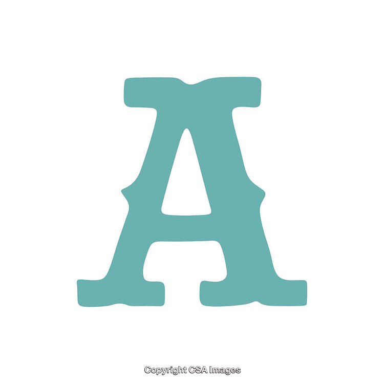Bold Turquoise Letter A with Whimsical Serifs on White Background