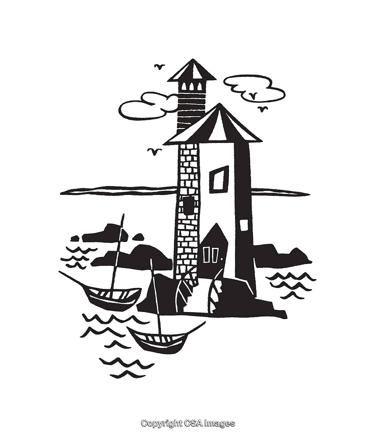 Black and White Illustration of Lighthouse by the Sea with Boats