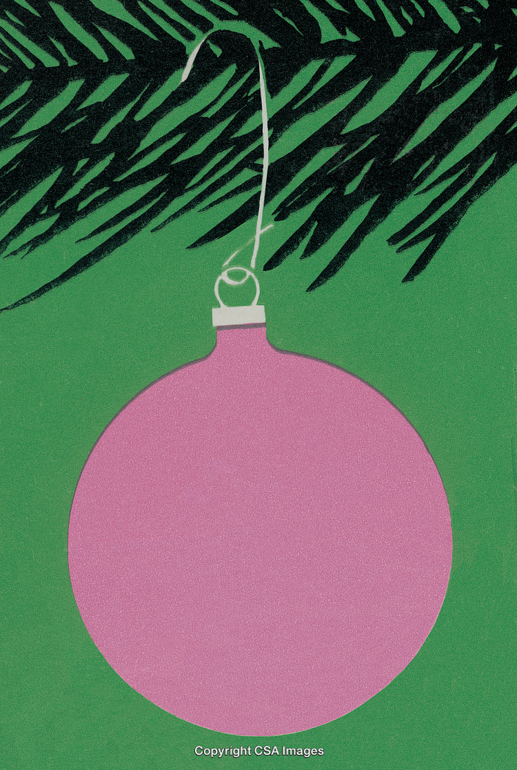 Pink Christmas Ornament Hanging on a Green Background with Pine Tree Branch