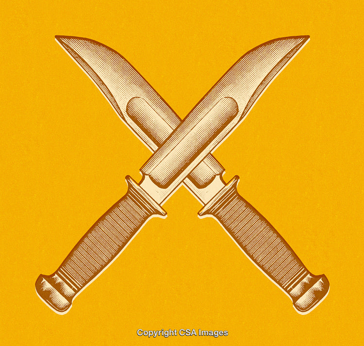 Vintage Style Illustration of Crossed Daggers on a Bold Yellow Background