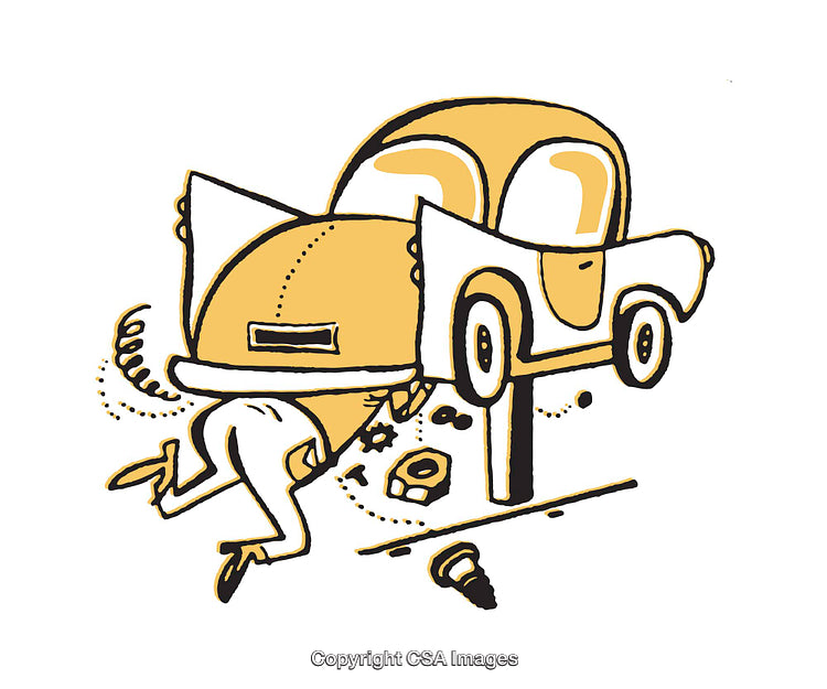 Playful Illustration of a Car Being Repaired in Quirky Style