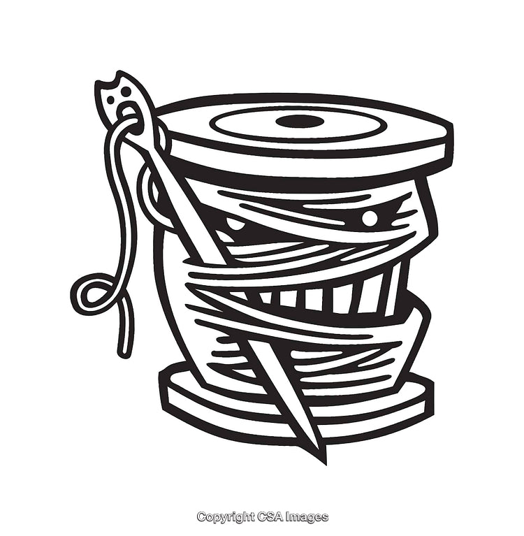 Whimsical Line Art of Spool and Needle in Black and White
