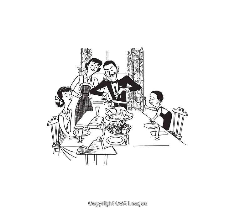 Family Dinner Gathering in Black and White Line Art Illustration