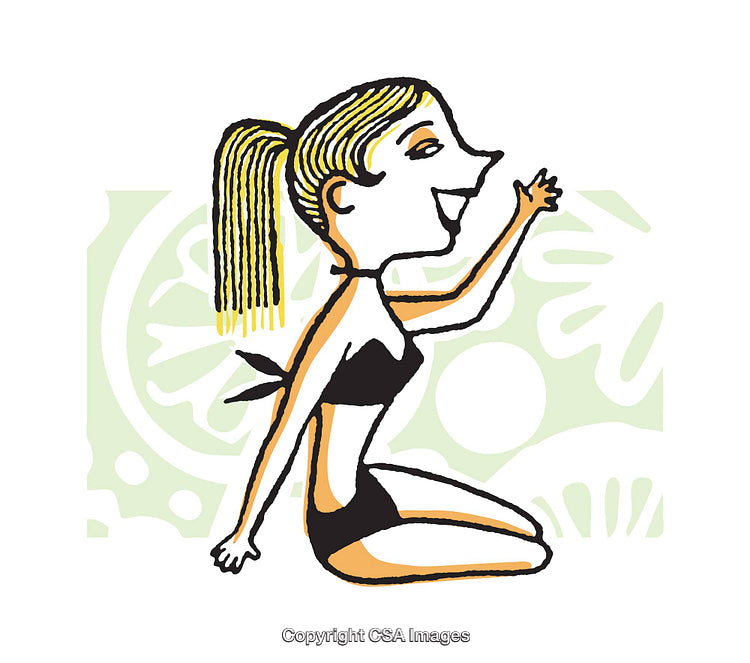 Whimsical Illustration of a Woman in a Black Swimsuit in a Tropical Setting