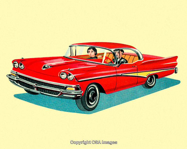 Red Classic Car with People Driving in Retro Style Illustration