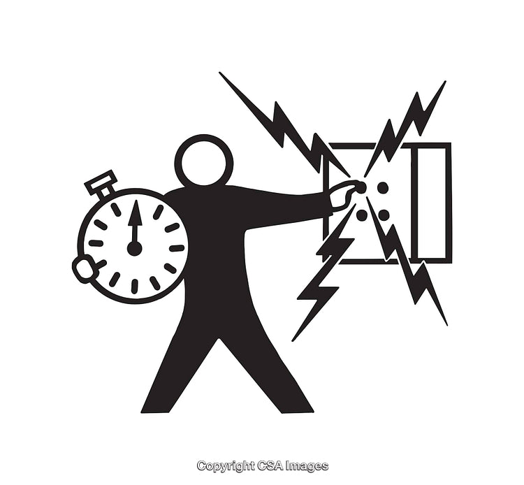 Black and White Line Art Depicting Time and Electricity Concepts