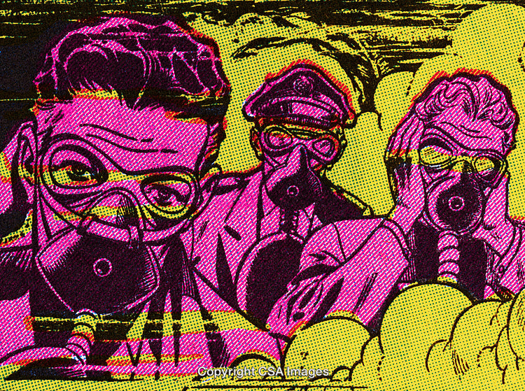 Colorful Comic Style Illustration Depicting Gas Masked Figures in a Dynamic Scene